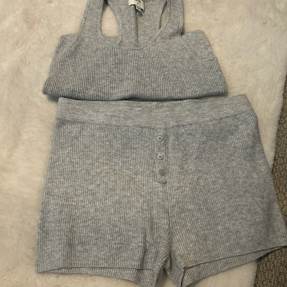 Aerie Gray Ribbed Knit Tank and Shorts Set